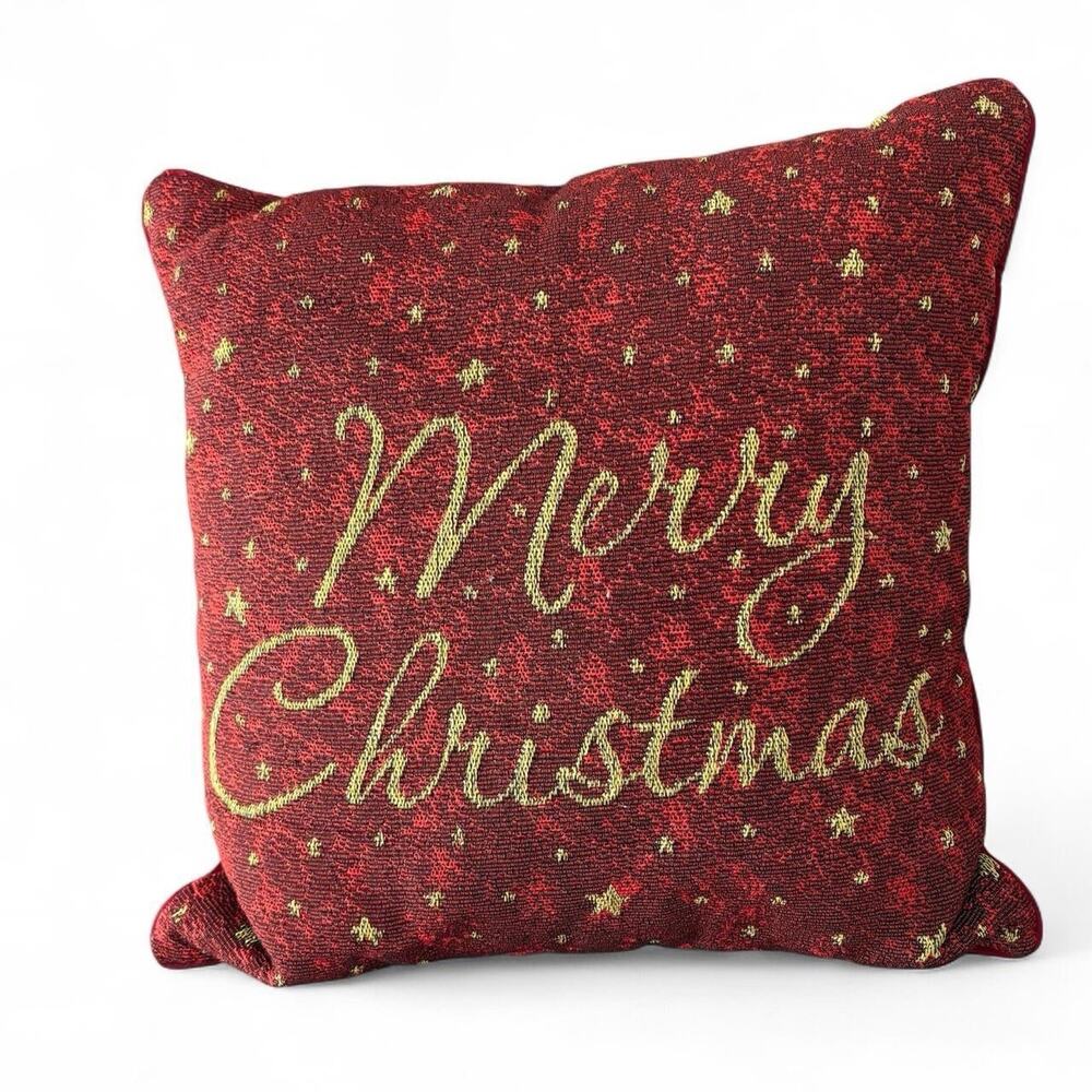 Vintage Merry Christmas Pillow Red Gold Script Holiday Decor 15” Tapestry Style